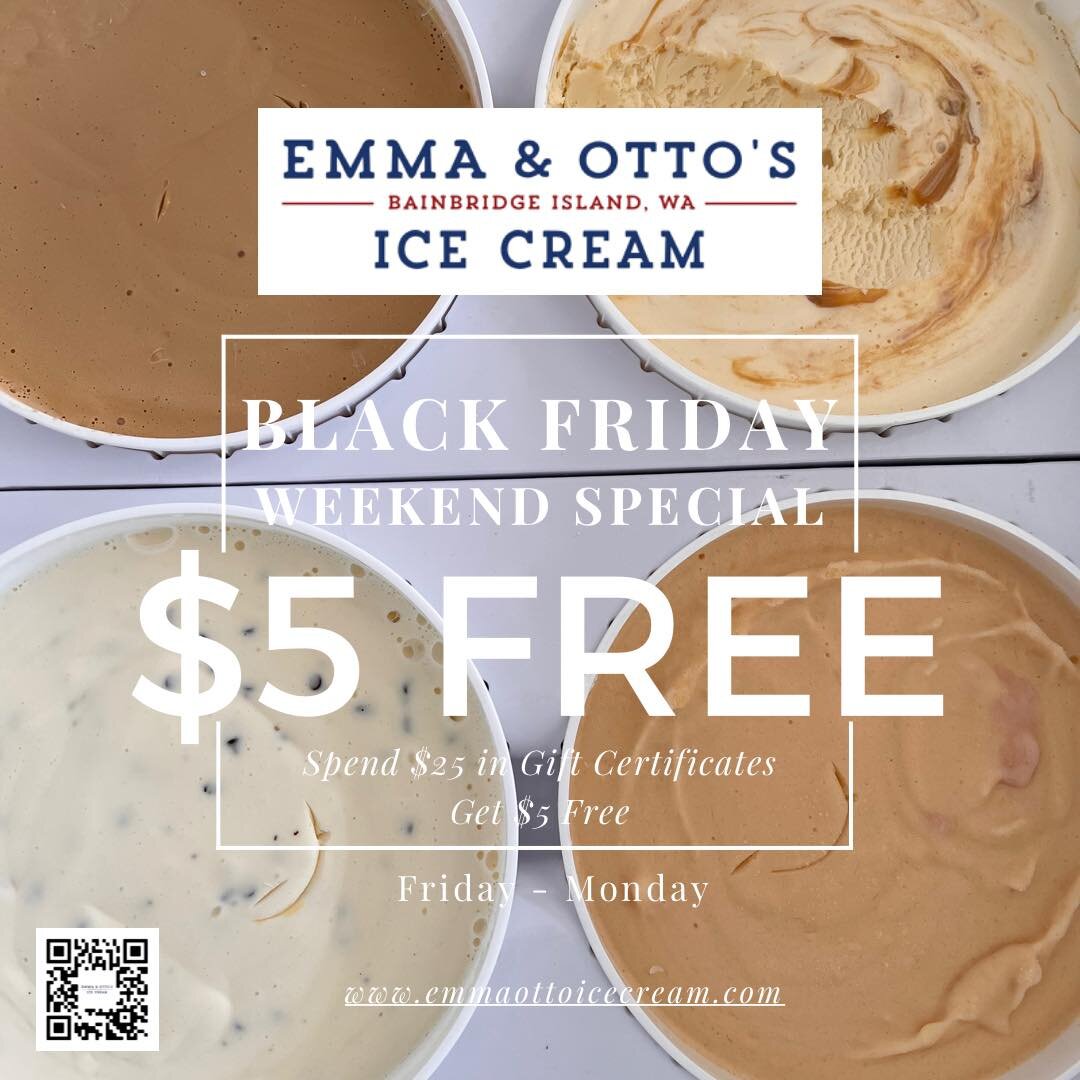 ‼️ Black Friday Weekend Special ‼️
Spend $25 in gift certificates, receive $5 more 
Friday-Sunday 

This is the perfect gift for that person you know who LOVES ice cream! It could even be for you 🙂

Our ice cream is made in small batches with origin