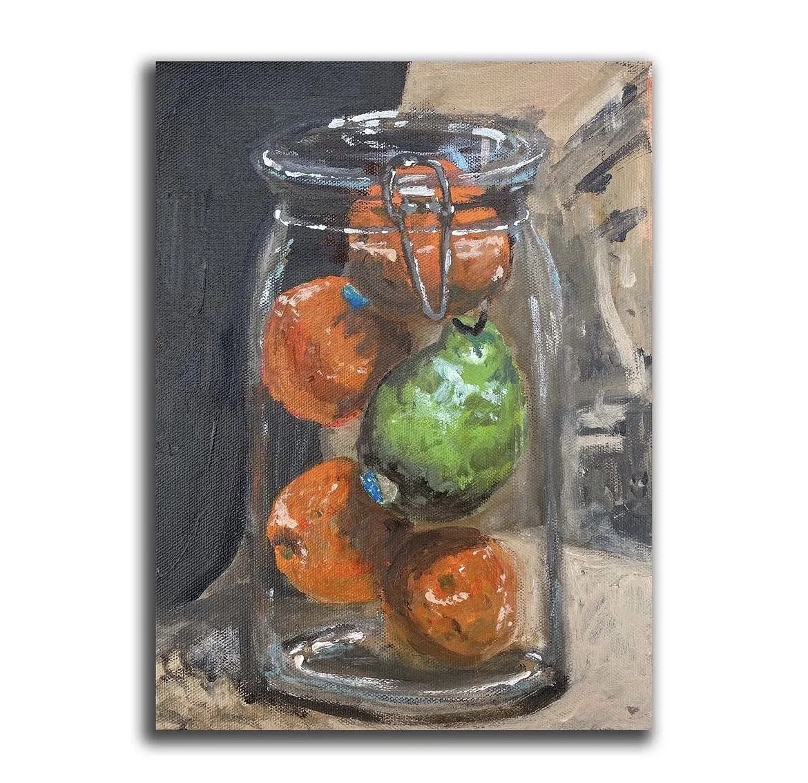 four oranges and one pear in a jar, acrylic on canvas. i listed this as an NFT for auction. 10/21