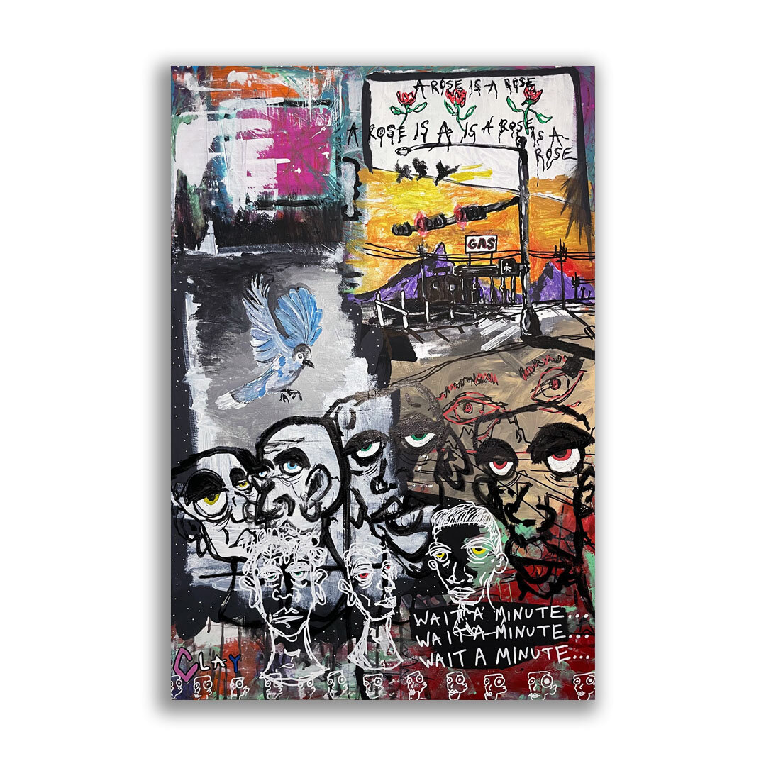 "wait a minute", acrylic, spray paint, and charcoal on canvas, 24x36x2 in 7/2021