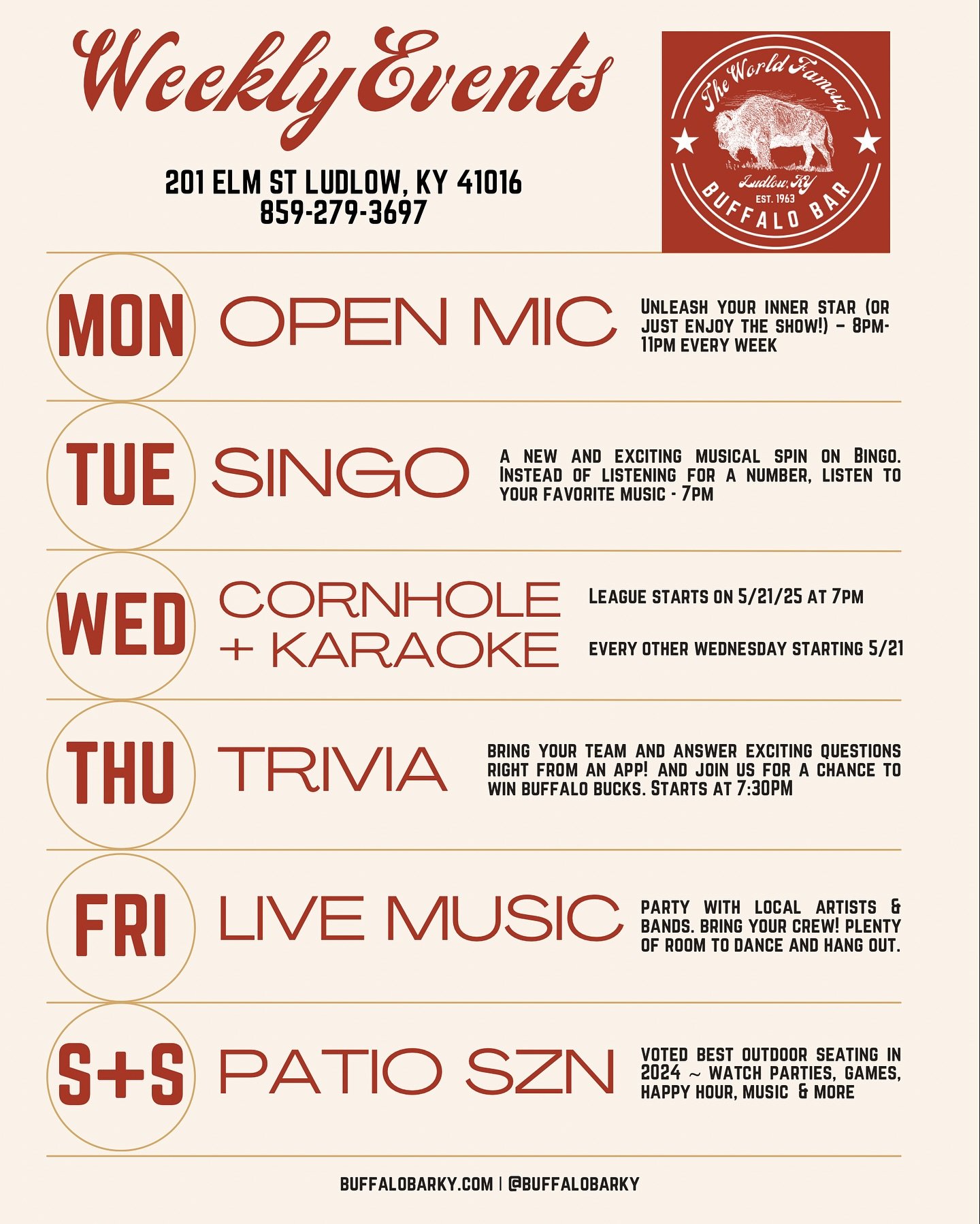 COME ON DOWN NOW, YA HEAR?! Daily happy hour, lunch specials, fun events &amp; cold drinks for cheap. Killer patio. Good people. What else could you want?!?! 

NEW HANDLE ~ Tag us at @buffalobarky on Instagram and share if you&rsquo;re feeling genero