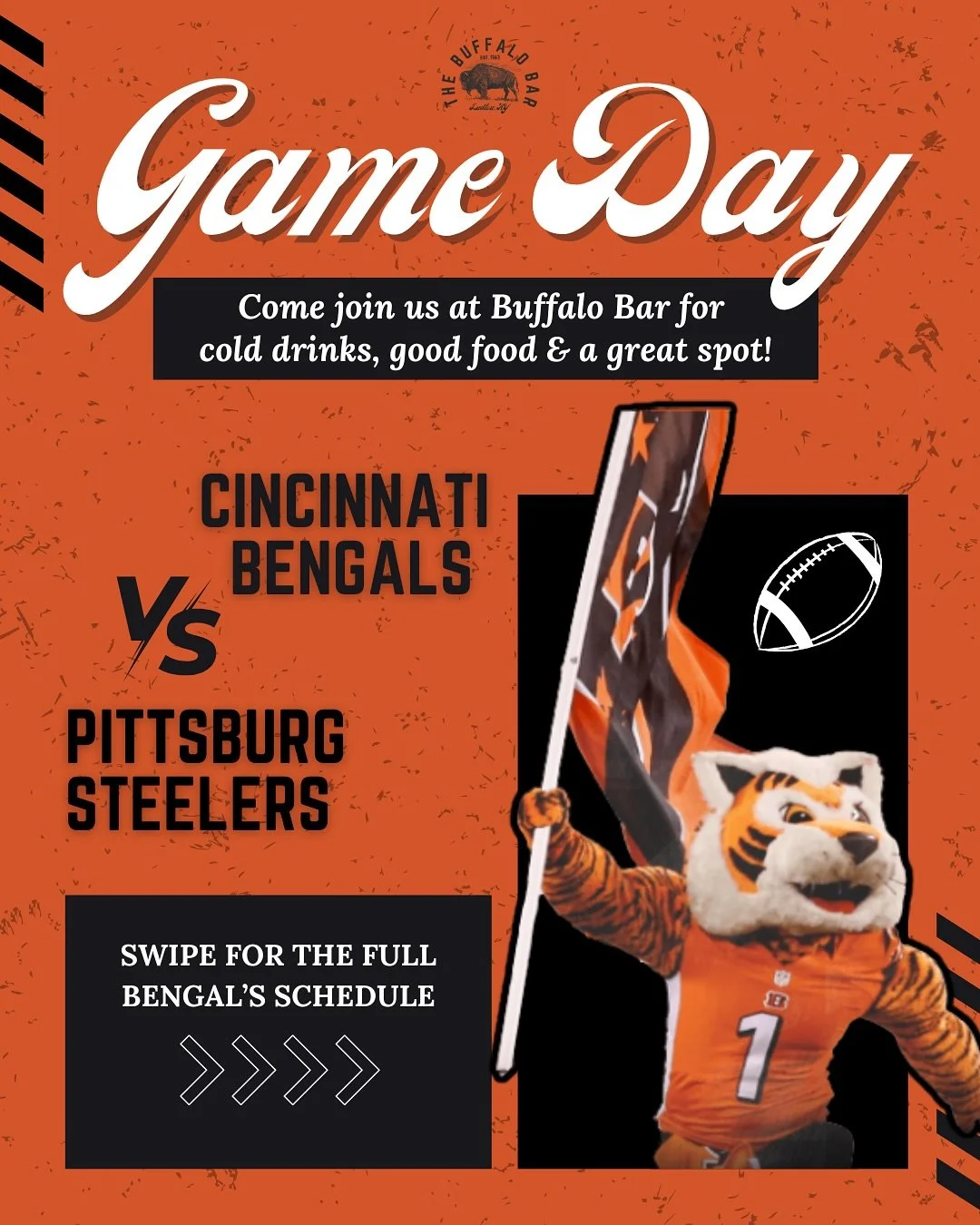 THURSDAY NIGHT FOOTBALL IS HERE! No trivia tonight.  Come cheer on the bengals with us #WHODEY #bengalsbar #gameday #cincinnatibengals #bengalsfootball