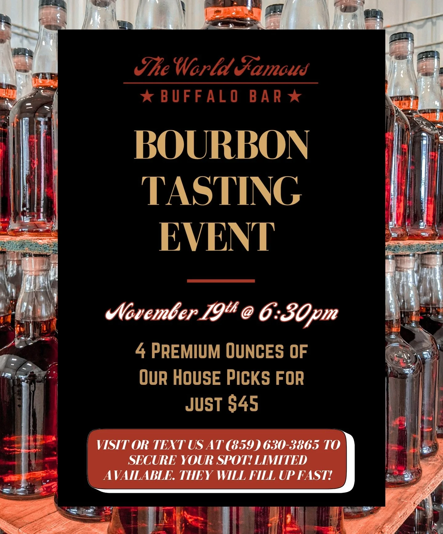 Our first EVER bourbon tasting event is happening on November 19th. We&rsquo;ve got some special, premium pours that we&rsquo;re excited to share with you guys. 🥃
Stop by, text or message us to secure your spot! #bourbontasting #premiumbourbon #bour