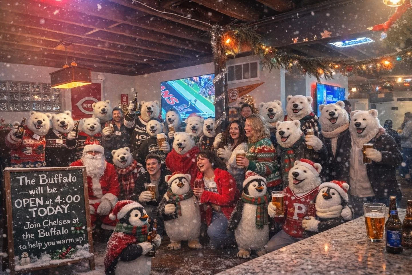 The Buffalo is open at 4:00 today to keep you warm!