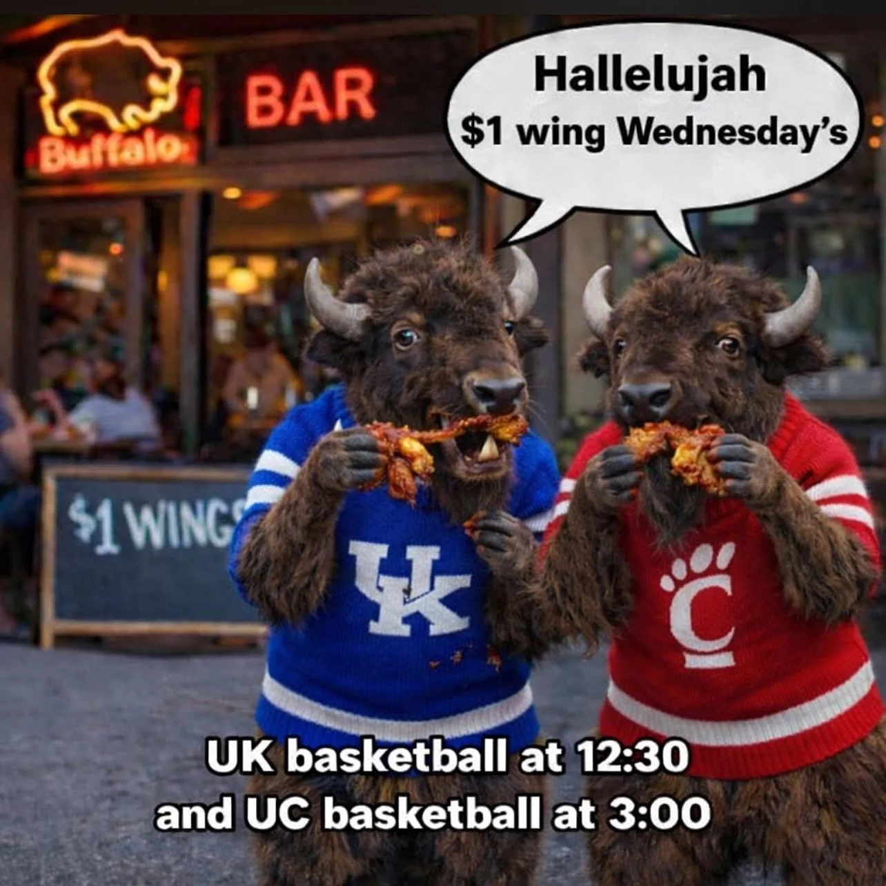 Cheap chicken wings and cheering on the boys in blue 

Or red? 🤷 depending on your home team.. Come hang out with us today and get ready for a big weekend at the buff
