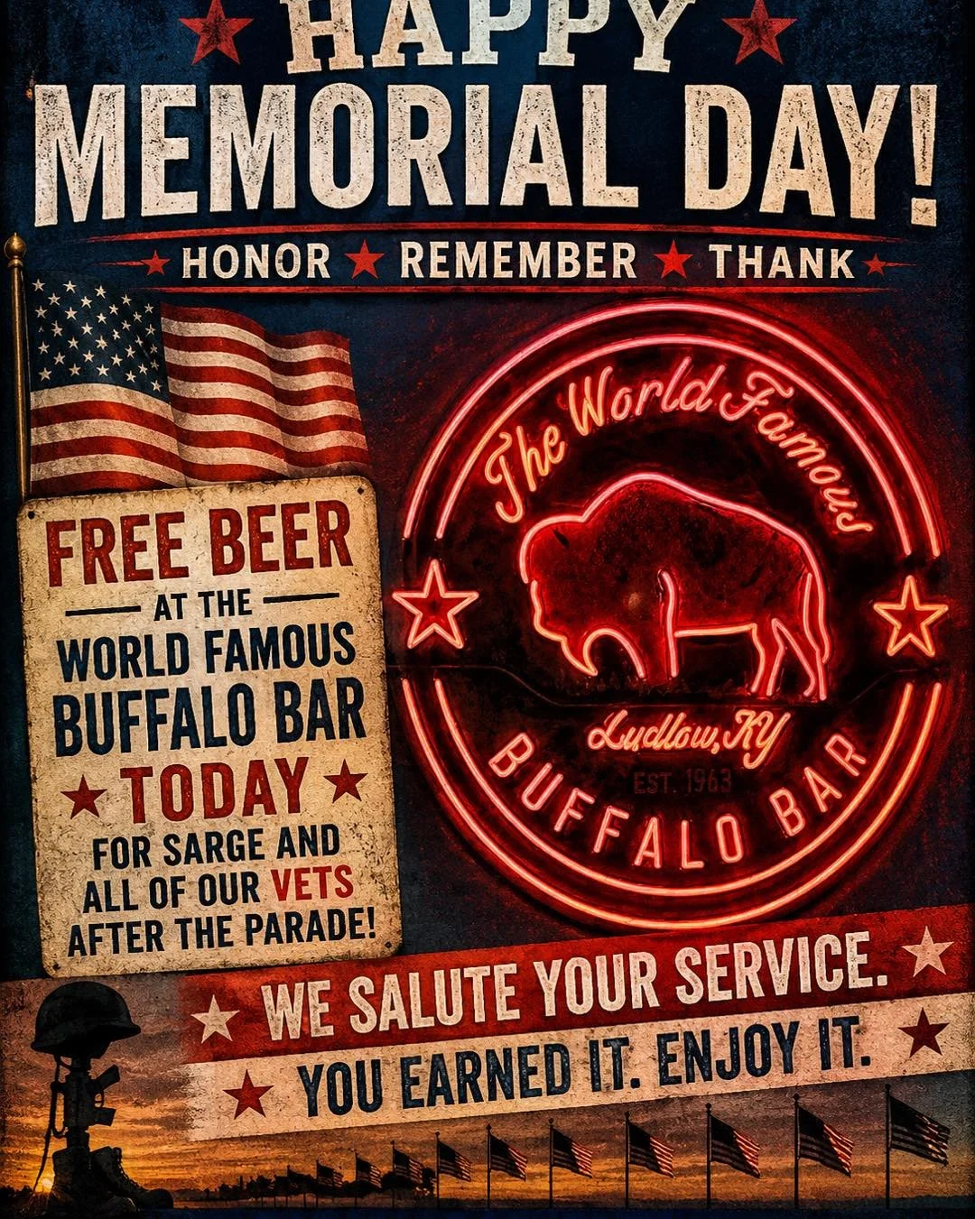 Happy Memorial Day. Thank you to all who have served! 
Join us in honoring our Veterans after the Parade. 

One complementary FREE BEER for our VETS!!