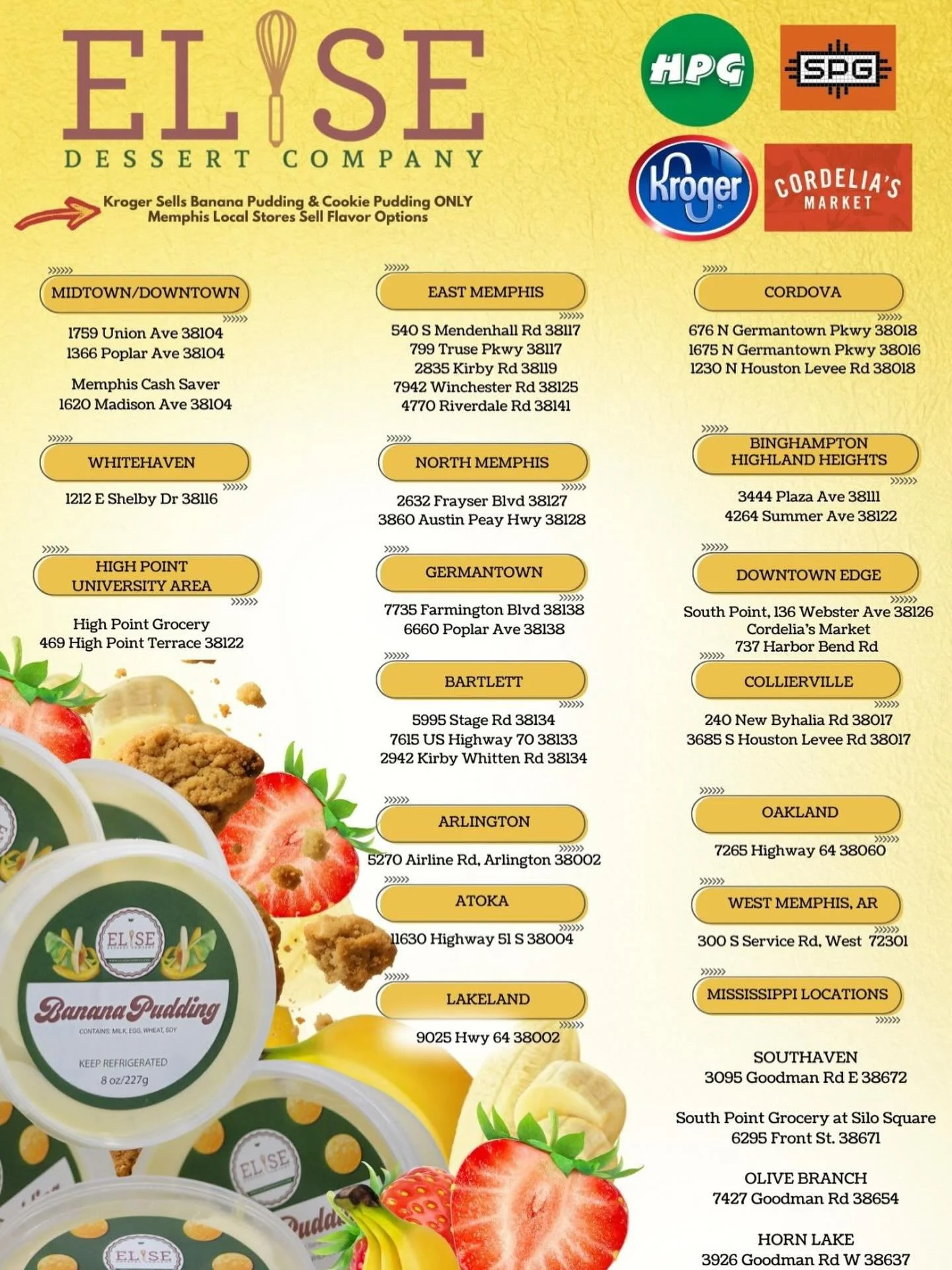 Important Update 💚

At this time, we no longer sell directly to the public.
Going forward, please visit our amazing retail partners to enjoy our desserts.

🍌 Banana Pudding &amp; 🍪 Cookie Pudding
Available at all @krogerco locations in Memphis, TN