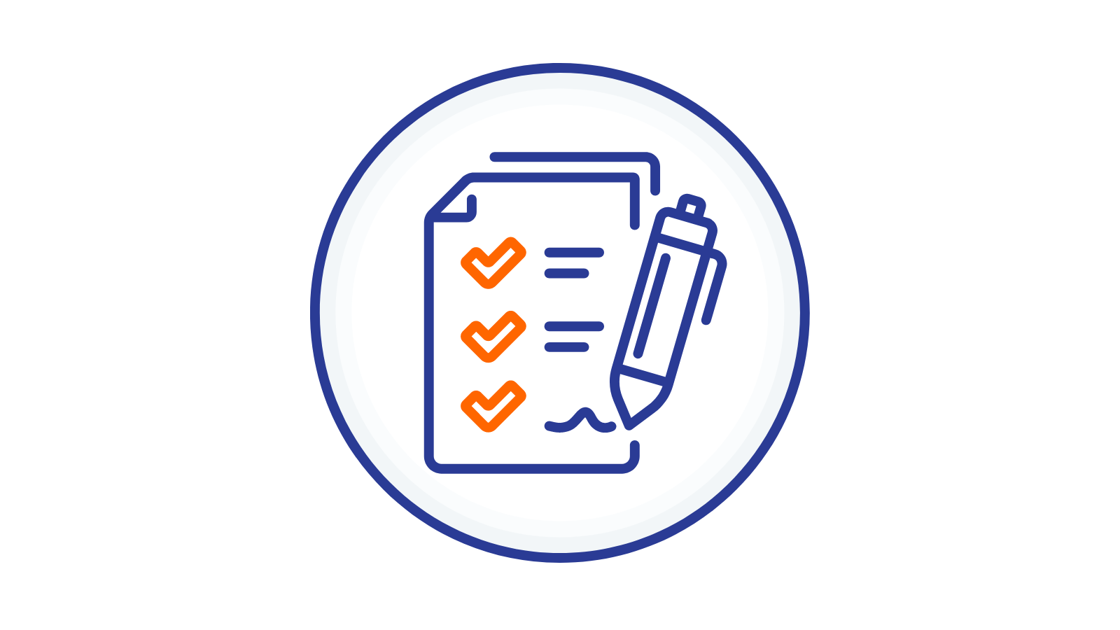 Icon of a checklist with orange checkmarks and a pen inside a circular border.