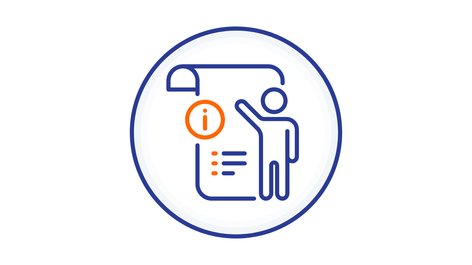 Icon of a person pointing at a presentation board with an information symbol, inside a circle.