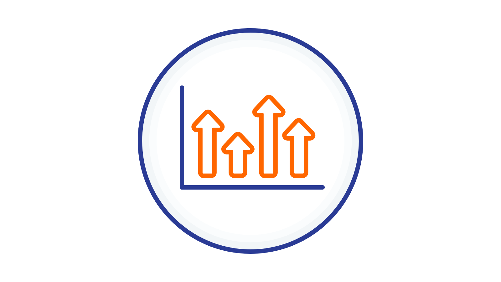 Circular icon with a bar graph featuring four orange upward arrows representing growth or progress.