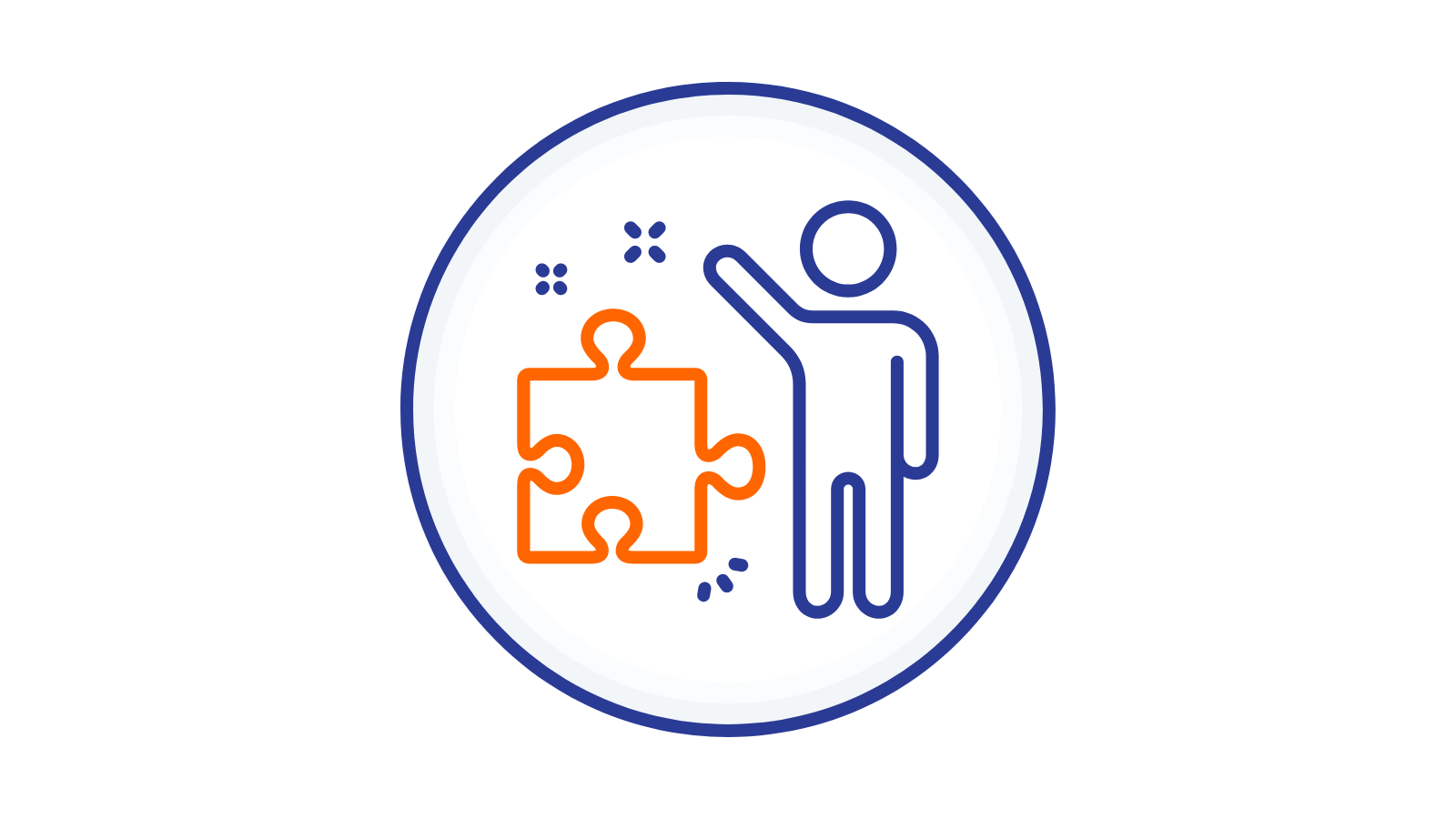 Icon of a person with an arm raised next to a puzzle piece inside a blue circle, symbolizing teamwork or problem-solving.
