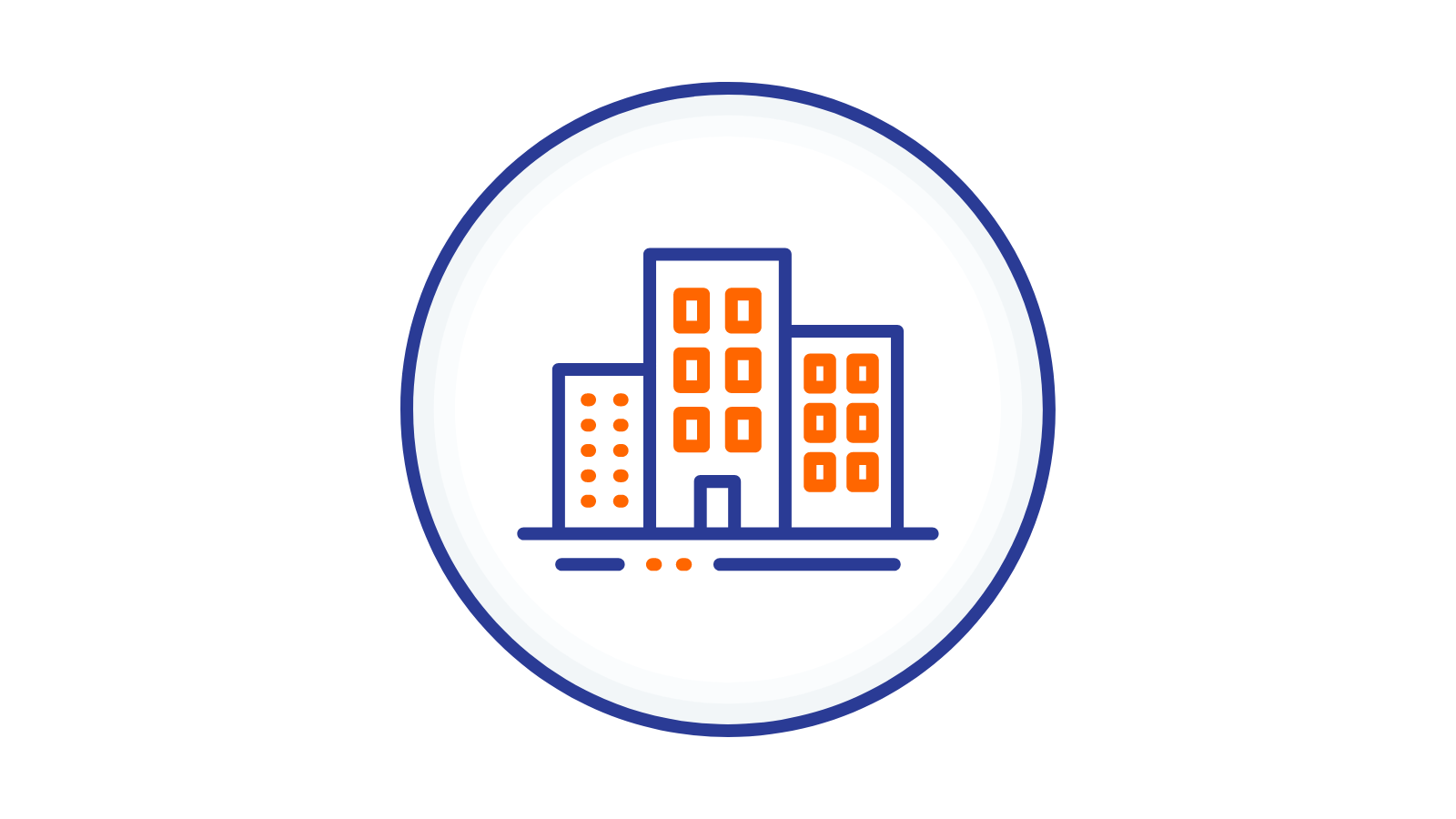 Icon of a cityscape with buildings inside a circular blue border.