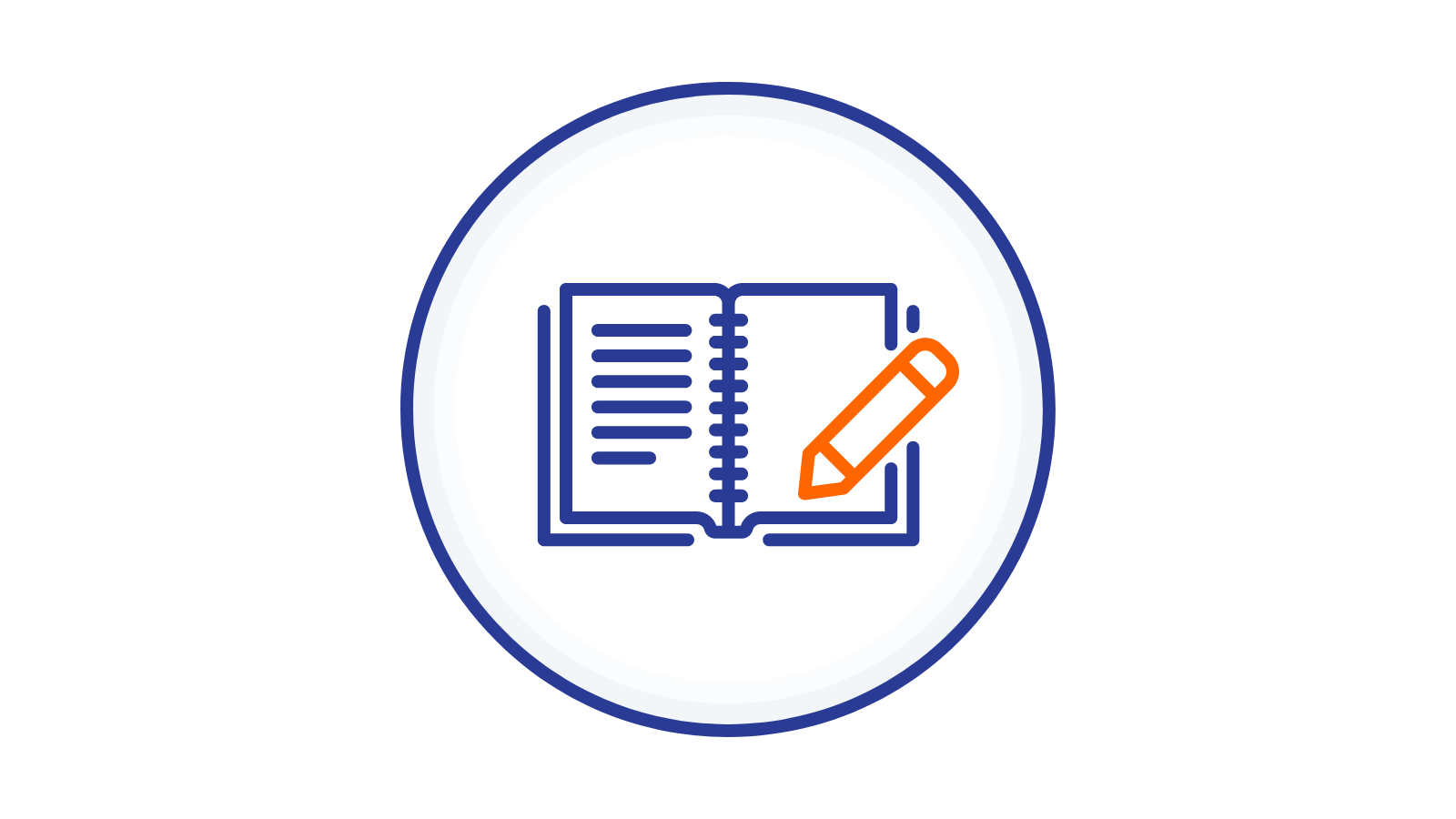 Icon of an open notebook and pencil with blue and orange outlines.