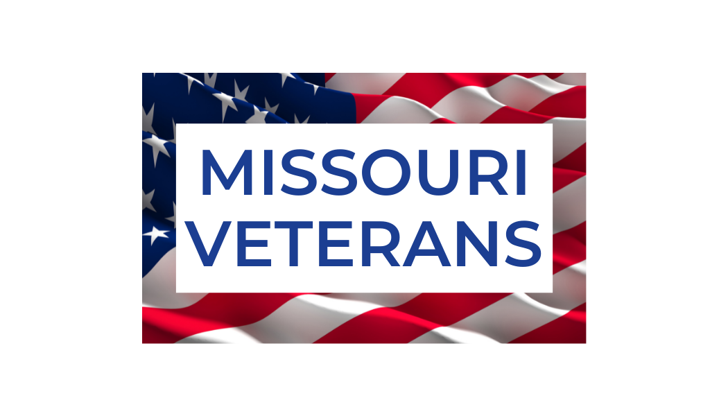 Text "Missouri Veterans" overlaid on a waving American flag background.