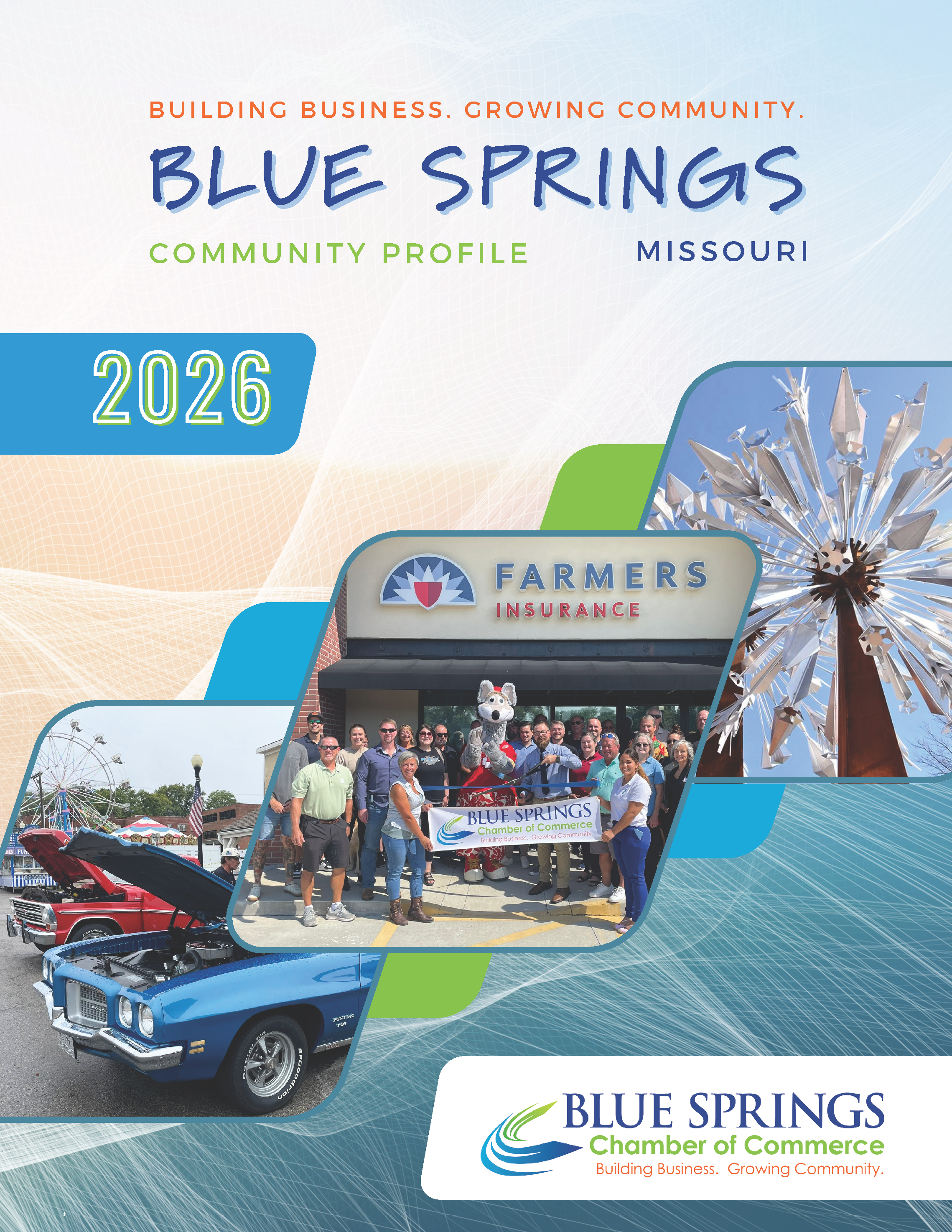 Blue Springs, Missouri community profile cover with golf course image, sky background, and text "Building Business. Growing Community."