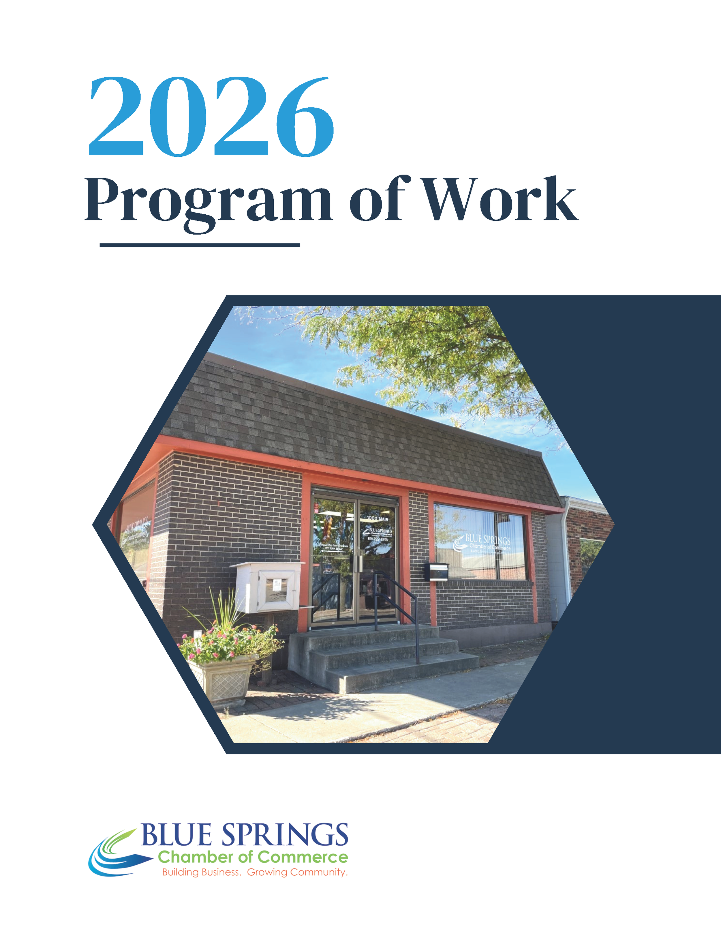 Front cover of the Program of Work magazine with a photo of the Chamber of Commerce in a hexagon frame
