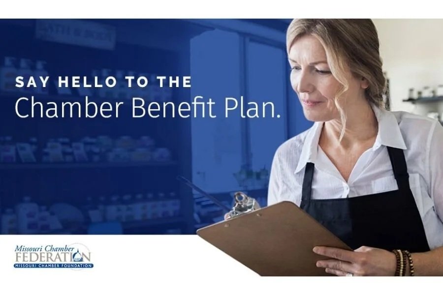 Woman in apron holding clipboard with text reading 'Say Hello to the Chamber Benefit Plan' and Missouri Chamber Federation logo.