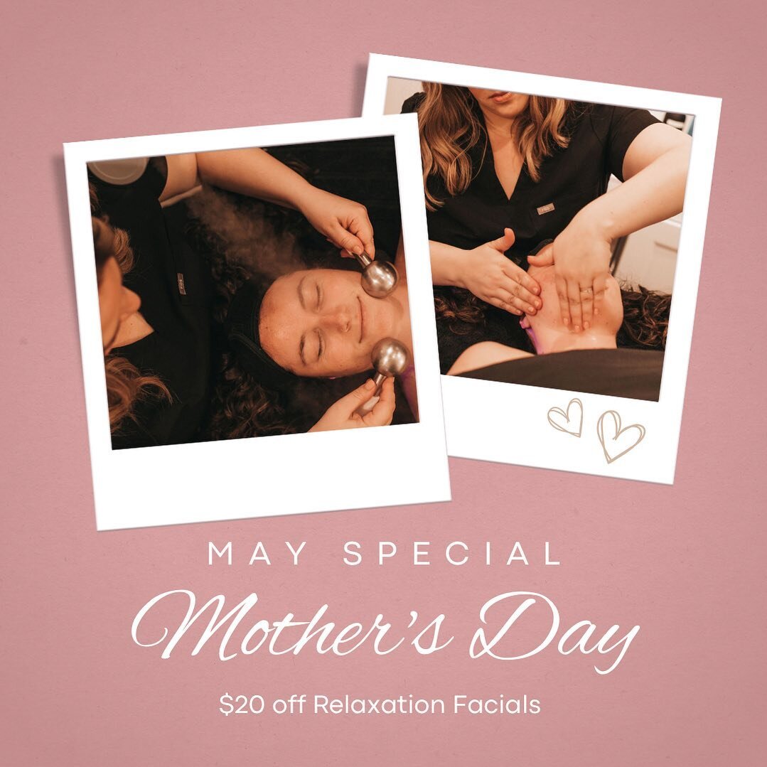 $20 off Relaxation Facials in the month of May! 

This facial includes a double cleanse with steam, foaming enzyme exfoliation treatment, customized mask, massage of the d&eacute;collet&eacute;, shoulders, neck, arms, hands and face, cryotherapy, red