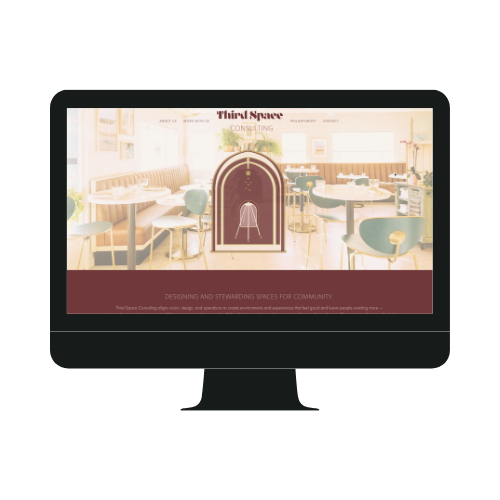 Screenshot of a website homepage for Third Space Consulting featuring a cozy, modern interior with dining tables and chairs, and a decorative arch with a stool in the center.