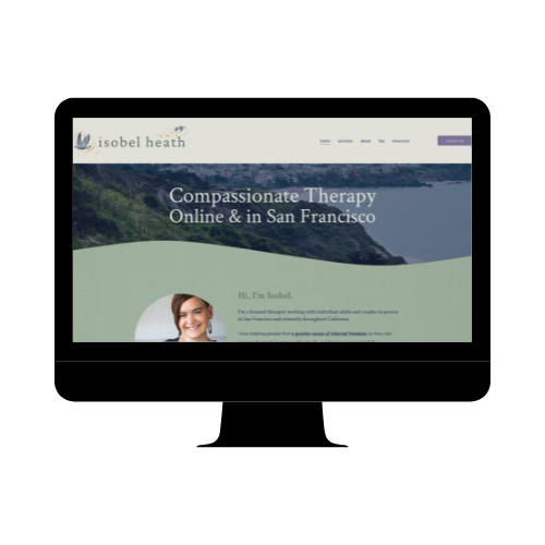 Screenshot of a website offering compassionate therapy online and in San Francisco, with a logo, navigation menu, and a smiling woman photo.