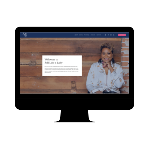 Screenshot of a website titled 'Sell Like a Lady,' featuring a woman smiling and sitting against a wooden wall.