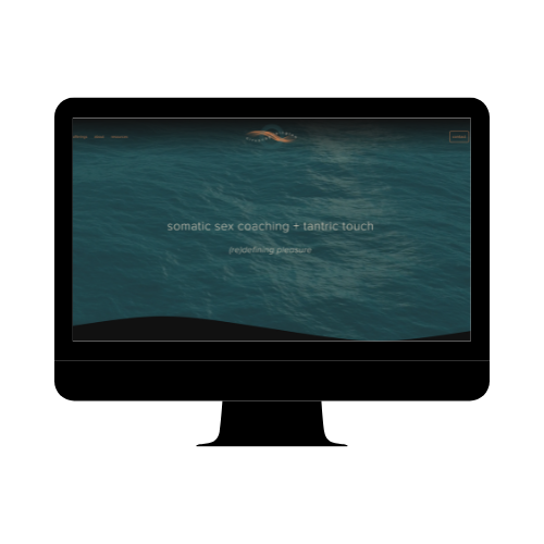 A person swimming in open water, with text overlay that reads 'somatic sex coaching + tantric touch' and 'redefining pleasure'.