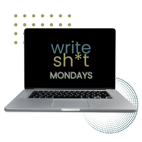 Laptop screen displaying the phrase 'write sh*t MONDAYS' with a black background and colorful text.
