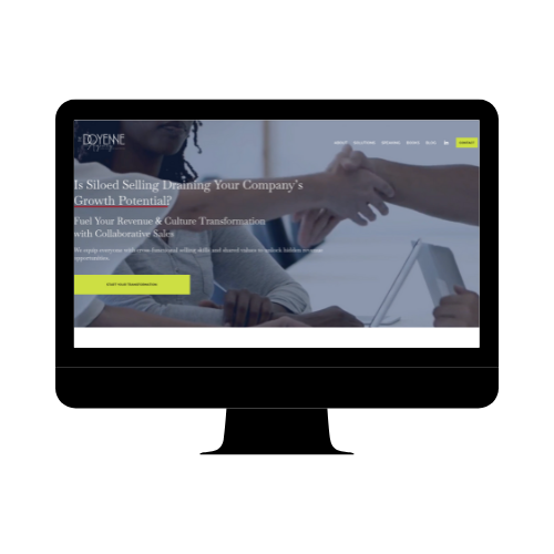 Screenshot of a website homepage with a woman pointing at a tablet, text about sales growth and revenue transformation, and navigation menu at the top.