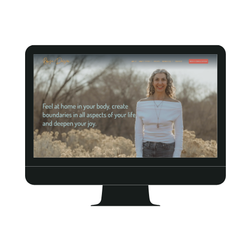 A woman smiling outdoors in a field of trees and flowers, with text overlay promoting feeling at home in your body and creating boundaries.