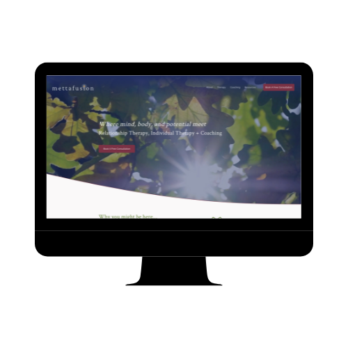 Screenshot of Metta Fusion website homepage with a background of sunlight filtering through green leaves, featuring text about mind, body, and potential, and options for therapy, intuitive healing, and coaching.