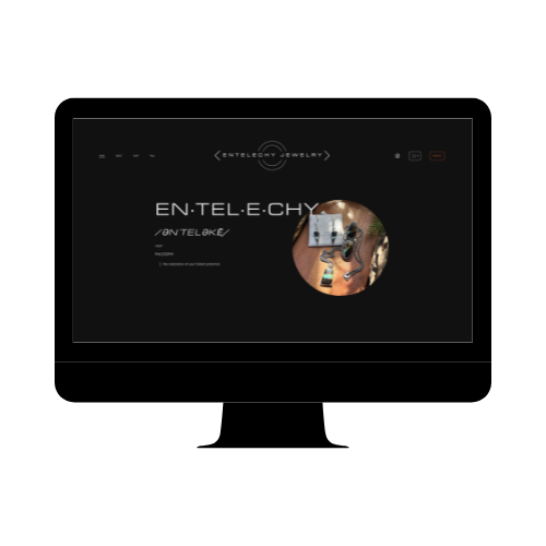 Screenshot of a black jewelry website homepage for Entel-e.Chy Jewelry, featuring a circular image of a person wearing jewelry.