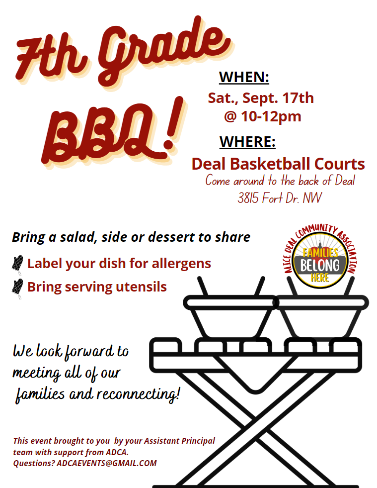 7th Grade Barbecue this Saturday 9/17 from 10-12PM