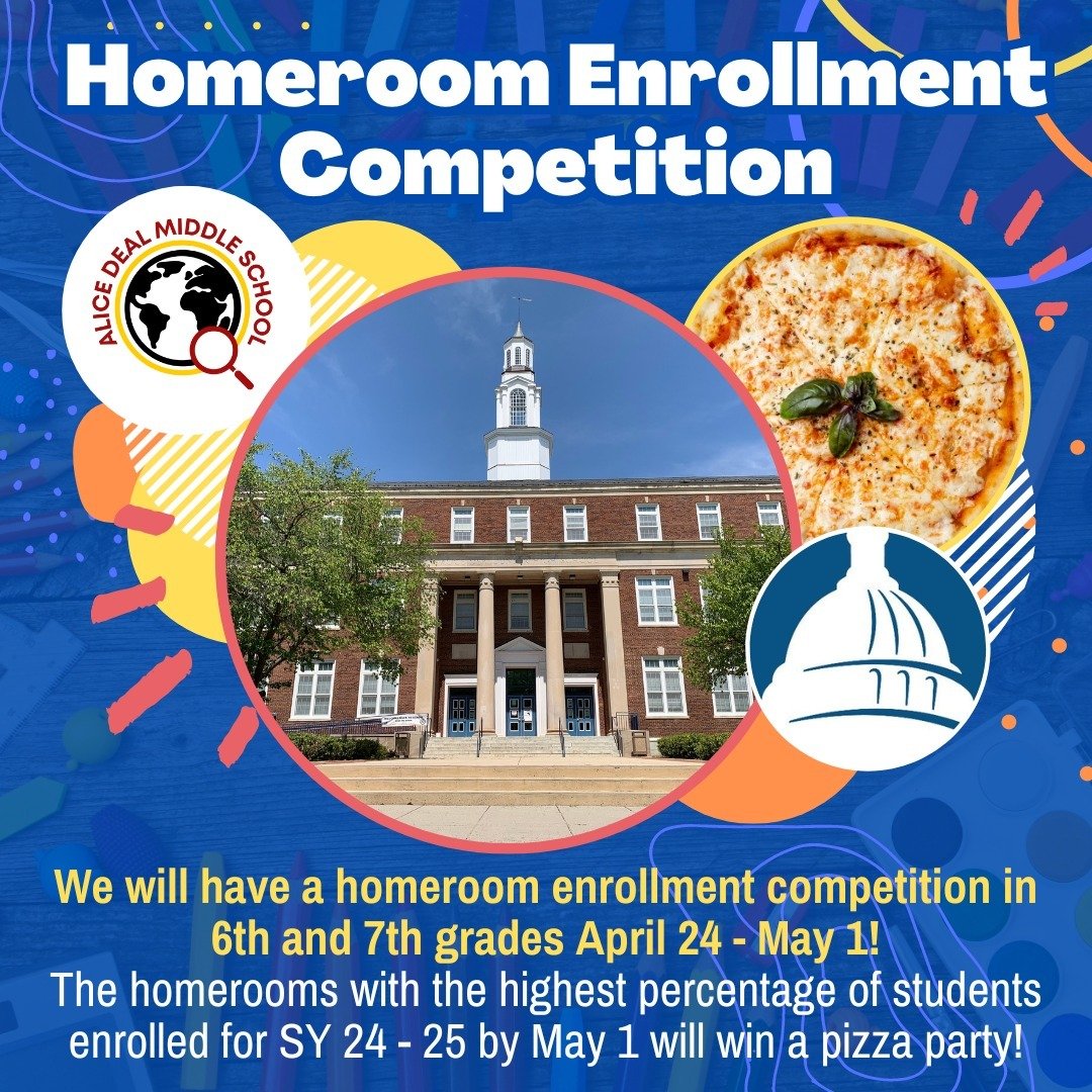 We will have a homeroom enrollment competition in 6th and 7th grades April 24 - May 1! The homerooms with the highest percentage of students enrolled for SY 24 - 25 by May 1 will win a pizza party! #admsherewegrow