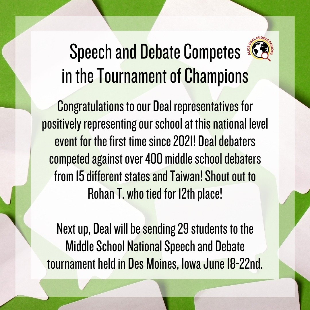 Congratulations to our Deal debaters for their fantastic performances competing against over 400 middle schoolers! We're cheering you on at the Middle School National Speech and Debate tournament this June! #admsherewegrow
