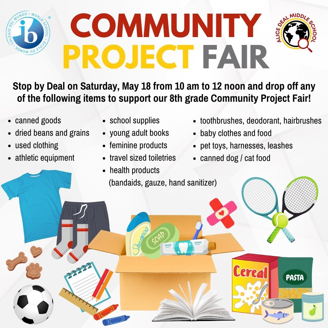 Stop by Deal on Saturday, May 18 from 10 am to 12 noon and drop off any of the following items to support our 8th grade Community Project Fair! #admsherewegrow