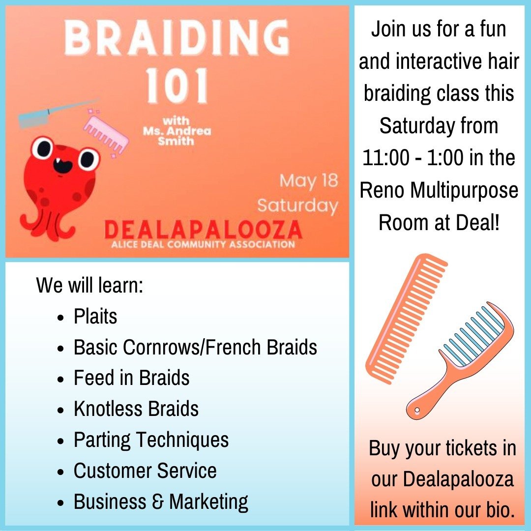 Join us for a fun and interactive hair braiding class this Saturday from 11:00 - 1:00 in the Reno Multipurpose Room at Deal! Buy your tickets in our Dealapalooza link within our bio.