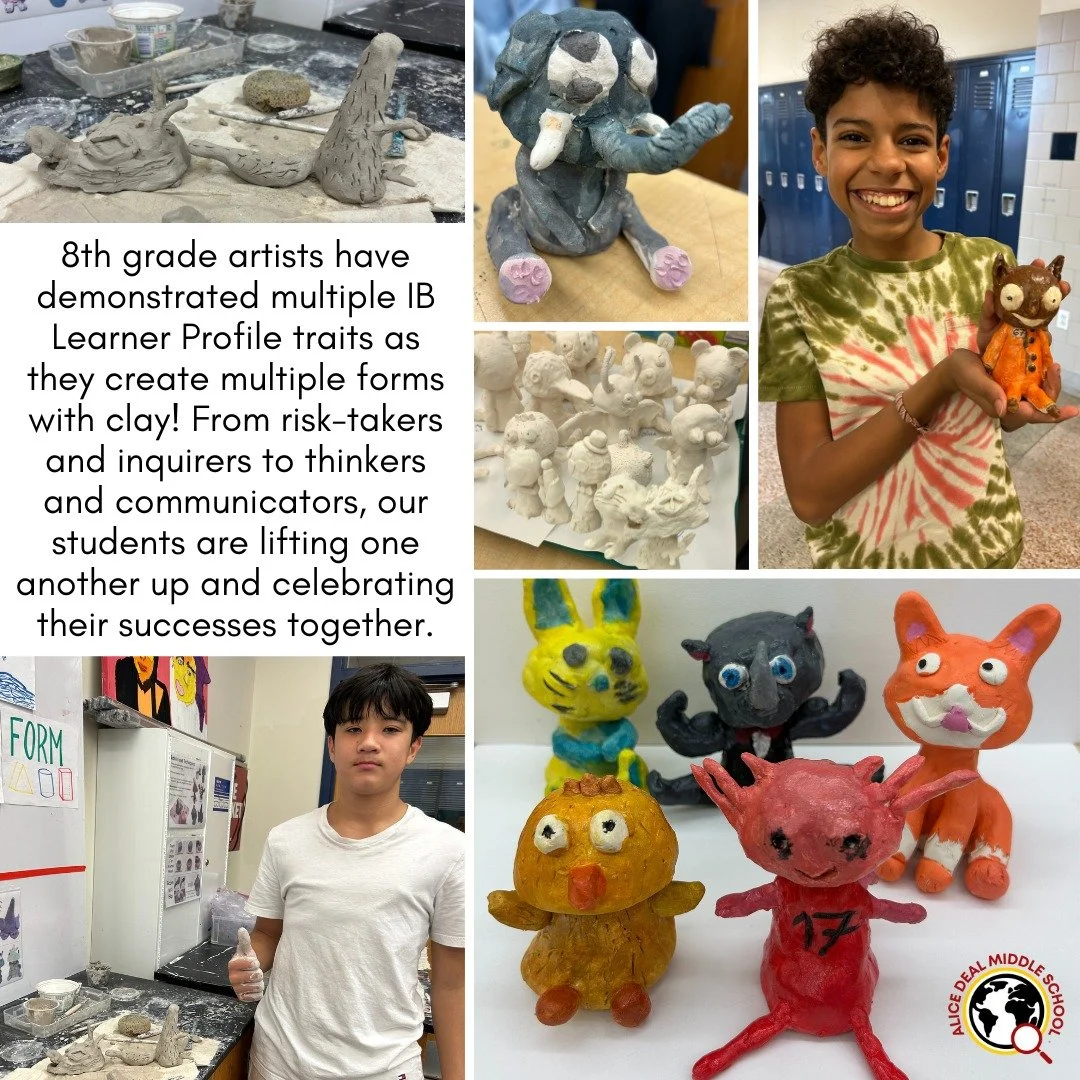 8th grade artists have demonstrated multiple IB Learner Profile traits as they create multiple forms with clay! From risk-takers and inquirers to thinkers and communicators, our students are lifting one another up and celebrating their successes toge