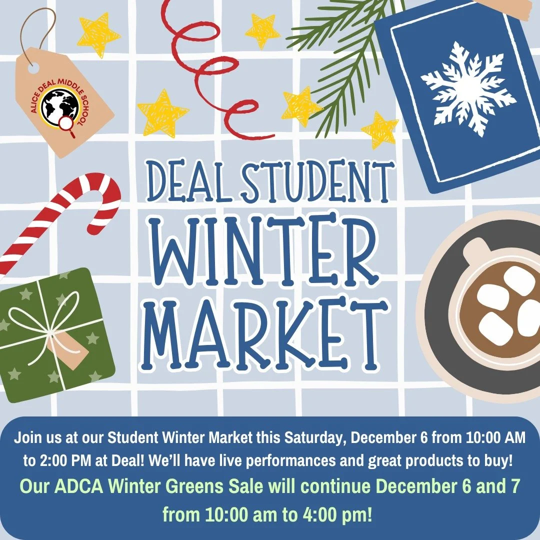 Join us at our Student Winter Market this Saturday, December 6 from 10:00 AM to 2:00 PM at Deal! We&rsquo;ll have live performances and great products to buy! Our ADCA Winter Greens Sale will continue December 6 and 7 from 10:00 am to 4:00 pm! #admsh