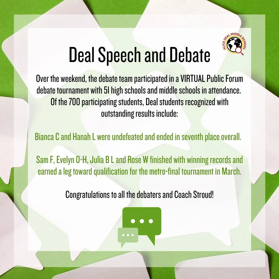 Congratulations to our Deal debaters for their outstanding performances in this past weekend's virtual tournament! #admsherewegrow