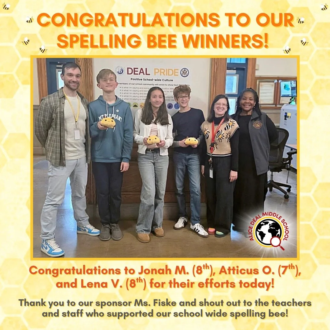 Congratulations to our Spelling Bee winners Jonah, Atticus, and Lena for their efforts today! Thank you to our sponsor Ms. Fiske and shout out to the teachers and staff who supported our school wide spelling bee! #admsherewegrow