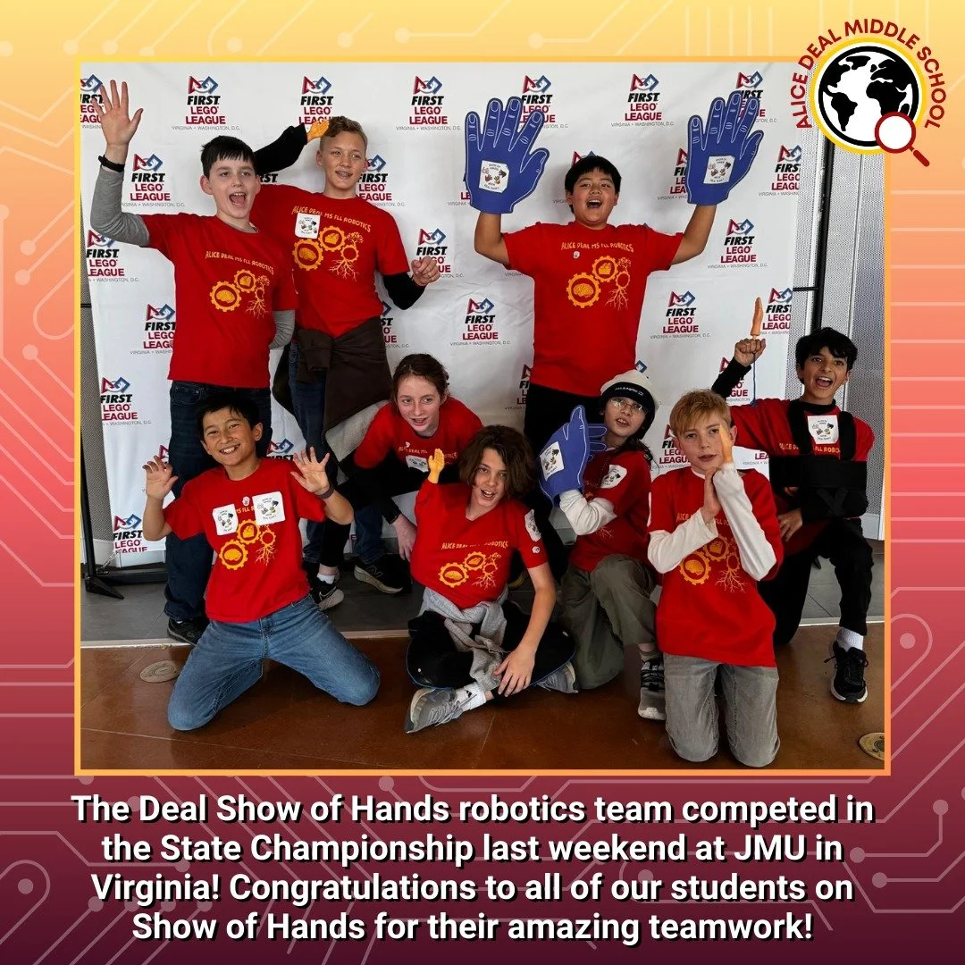 The Deal Show of Hands robotics team competed in the State Championship last weekend at JMU in Virginia! Congratulations to all of our students on Show of Hands for their amazing teamwork! #admsherewegrow