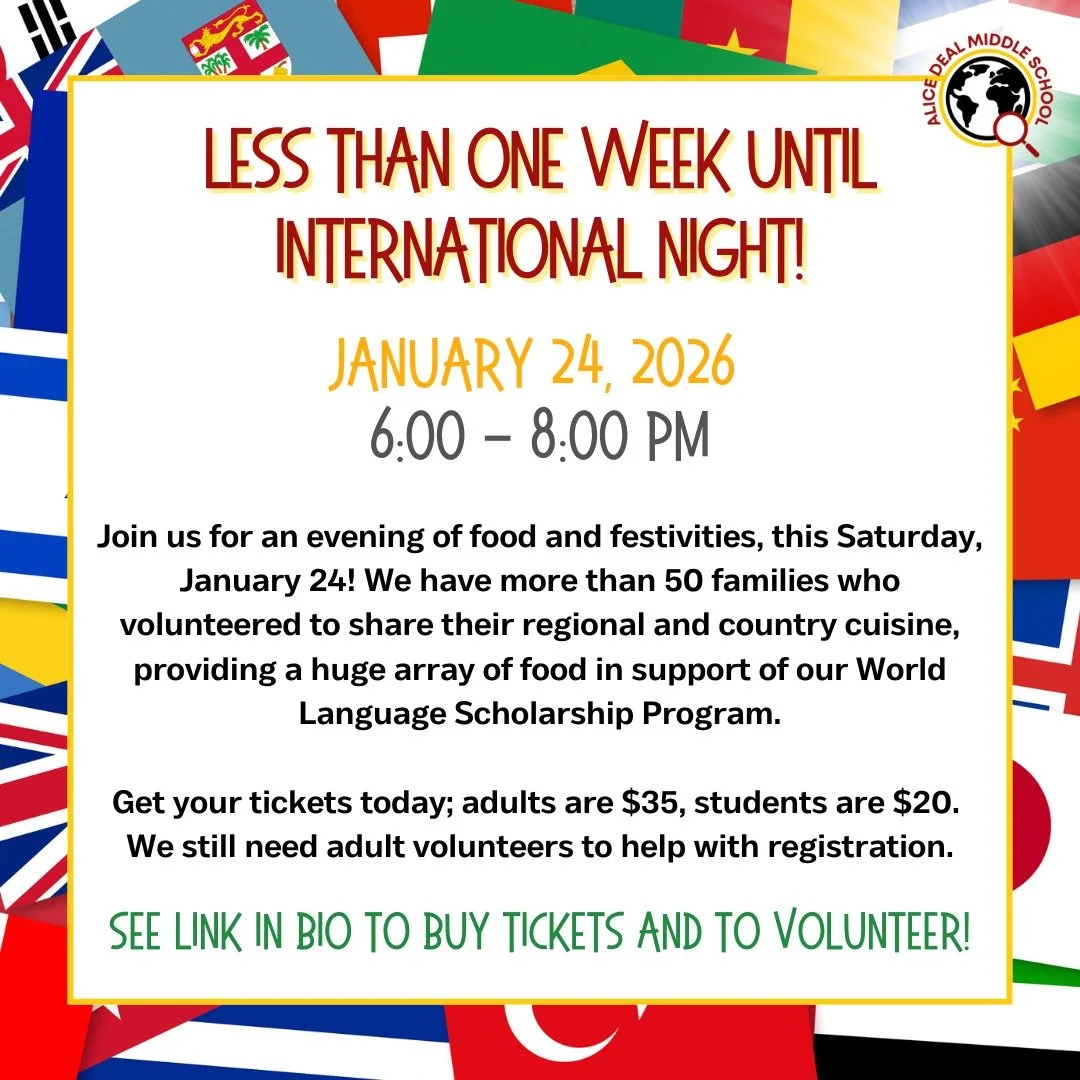 International Night is less than one week away! Join us this Saturday, January 24 from 6:00 - 8:00 pm at Deal! See the link in our bio for tickets and to volunteer! #admsherewegrow