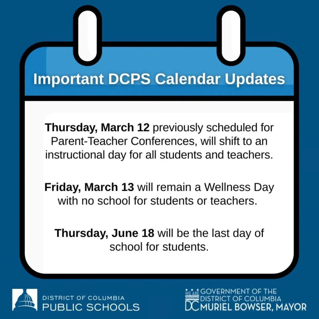 Please note the following changes to the School Year 2025-2026 calendar due to last month's weather-related closures:

Thursday, March 12 is now an instructional day for students. Parent-Teacher conferences, previously scheduled for that day, have be