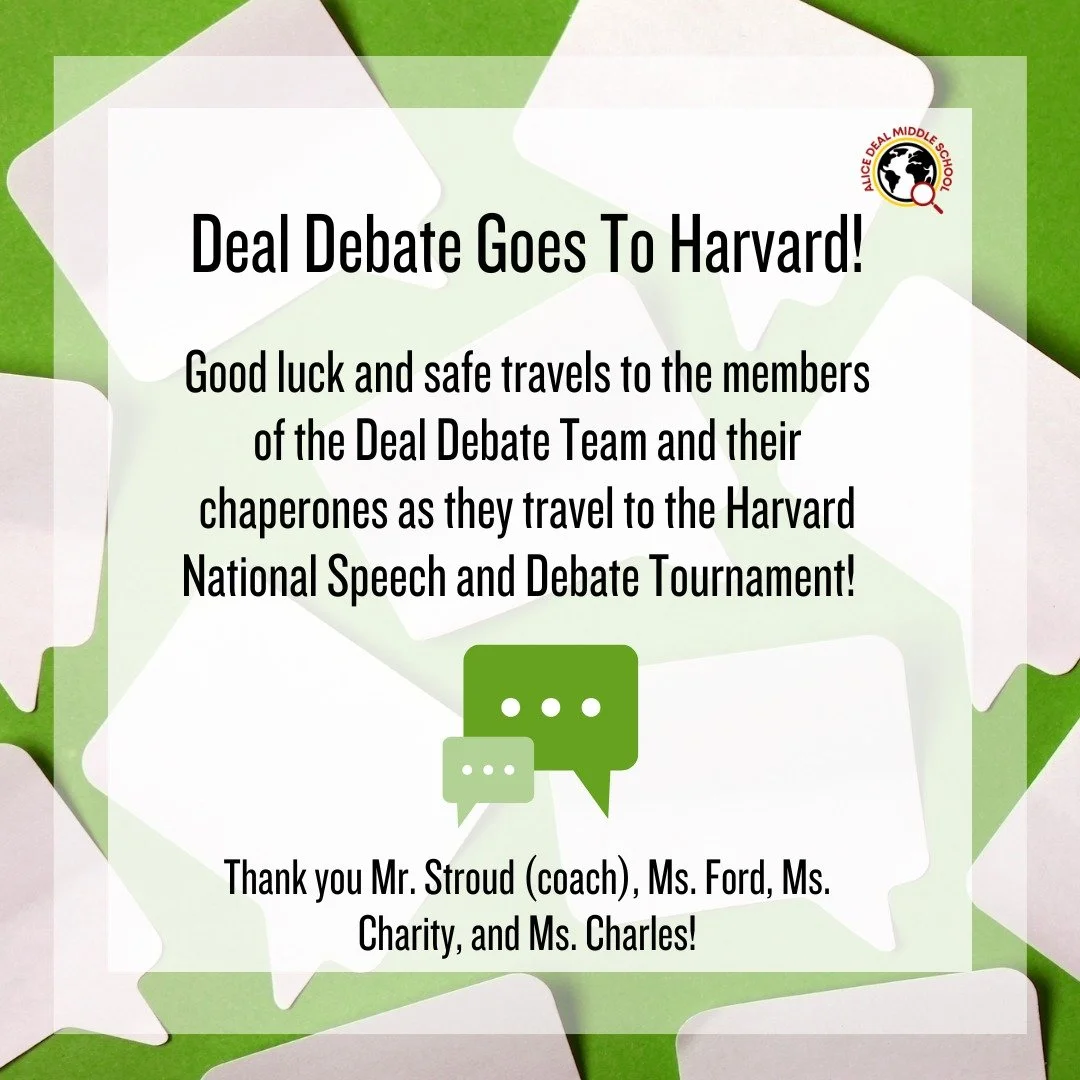 Good luck and safe travels to the members of the Deal Debate Team and their chaperones as they travel to the Harvard National Speech and Debate Tournament! Thank you Mr. Stroud (coach), Ms. Ford, Ms. Charity, and Ms. Charles! #admsherewegrow