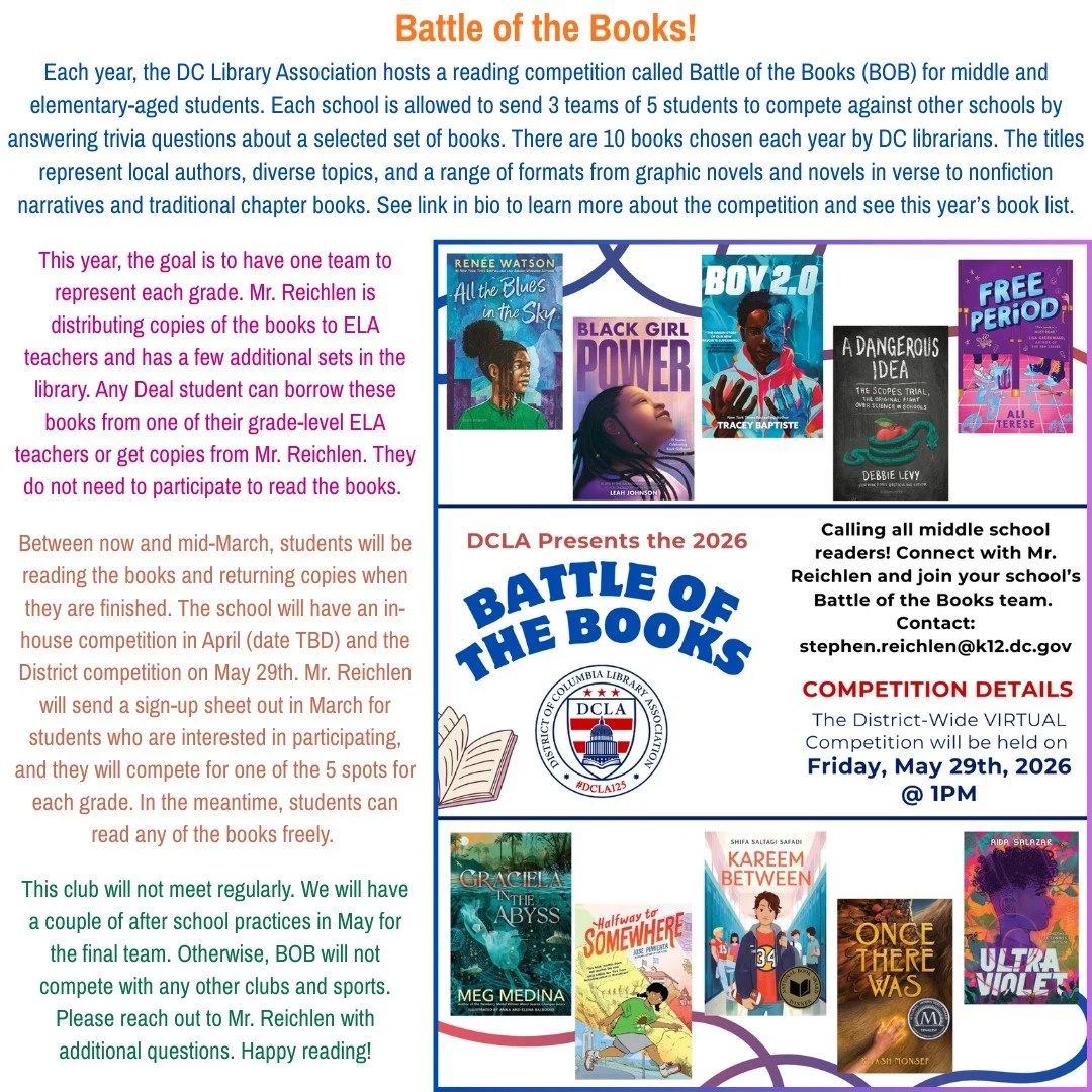 The 2026 Battle of the Books is around the corner! Check out this year's selections and contact Mr. Reichlen with any additional questions! #admsherewegrow