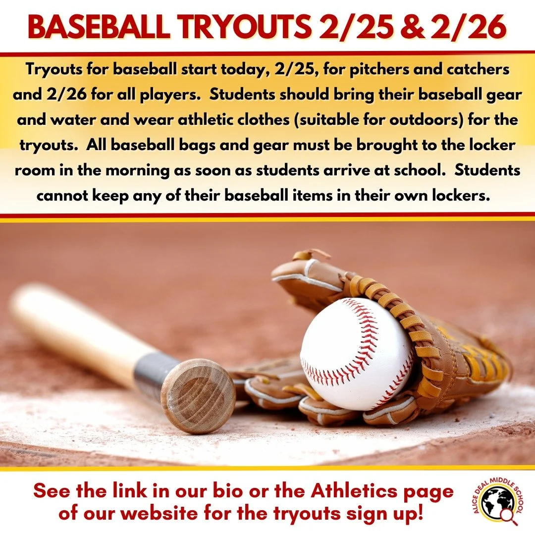 Baseball tryouts today, February 25 for pitchers and catchers. All players will have tryouts on Thursday, February 26. Sign up through the link in our bio or Athletics page of the Deal website. #admsherewegrow