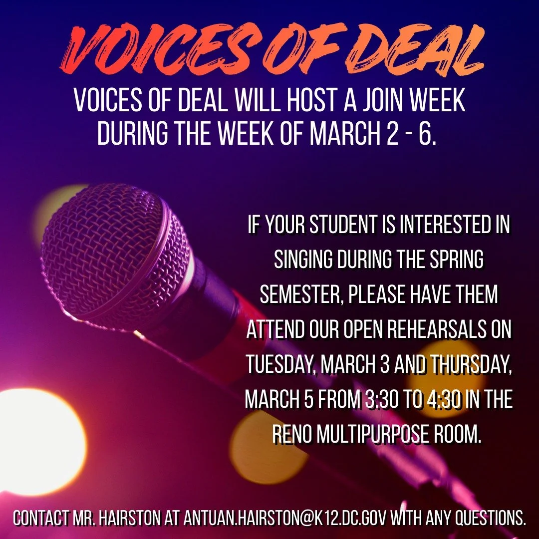 Voices of Deal is hosting a join week! Interested students can attend open rehearsals on Tuesday, March 3 and Thursday, March 5 after school in the Reno Multipurpose Room. #admsherewegrow