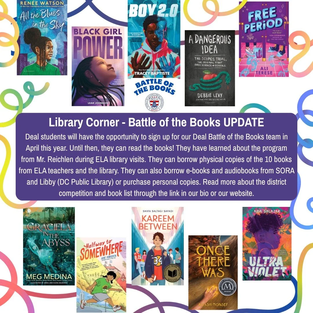 Deal students will have the opportunity to sign up for our Deal Battle of the Books team in April! Students can check out this year's selected books through their ELA teachers, the library, and more! #admsherewegrow