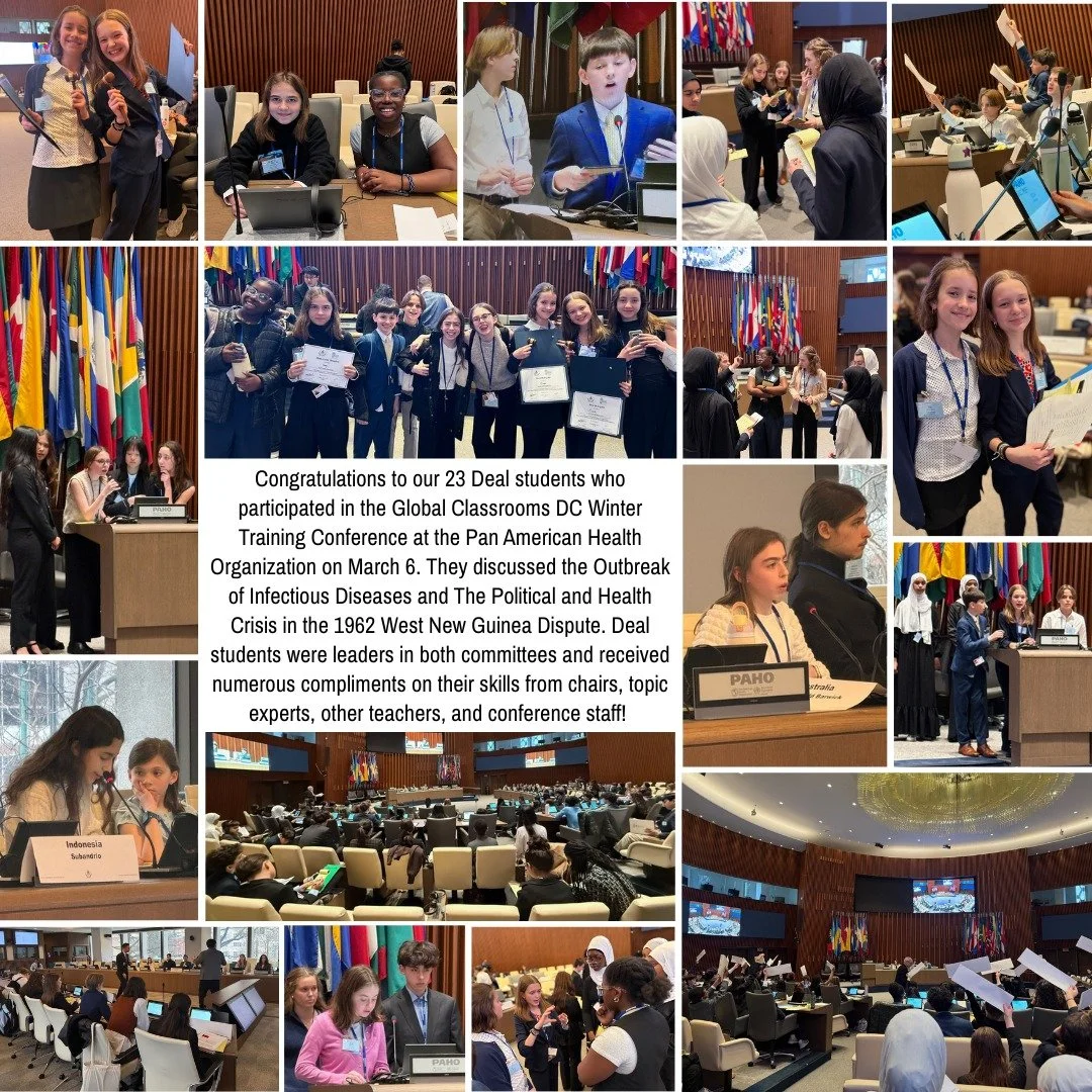 Congratulations to our Model UN representatives at the Global Classrooms DC Winter Training Conference this past Friday! Deal students were leaders in both committees and received numerous compliments on their skills from chairs, topic experts, other