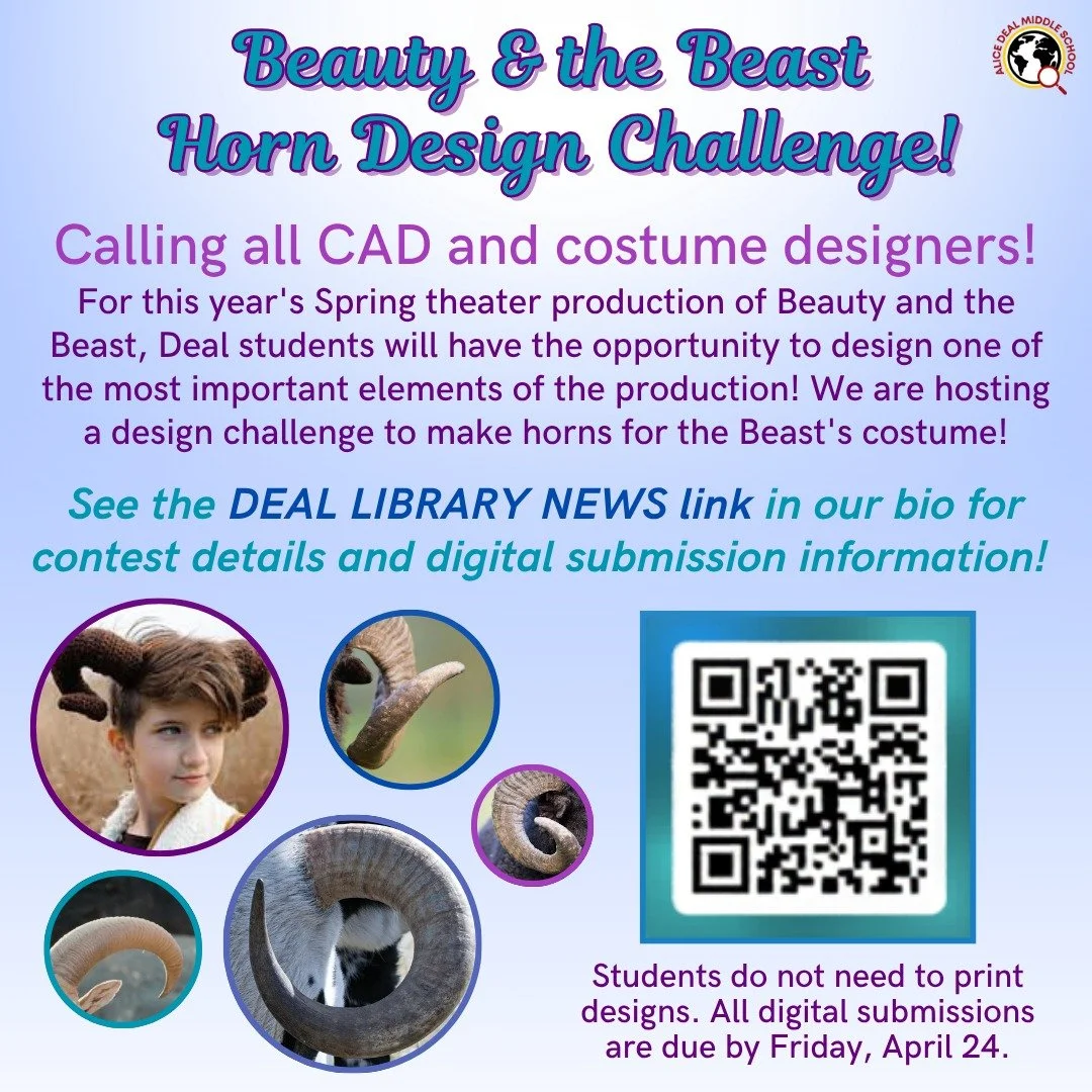 Calling all CAD and costume designers! Deal students are invited to design the horns for Beast's costume in our upcoming production of Beauty and the Beast! See the Deal Library News link in our bio for contest details and digital submission informat
