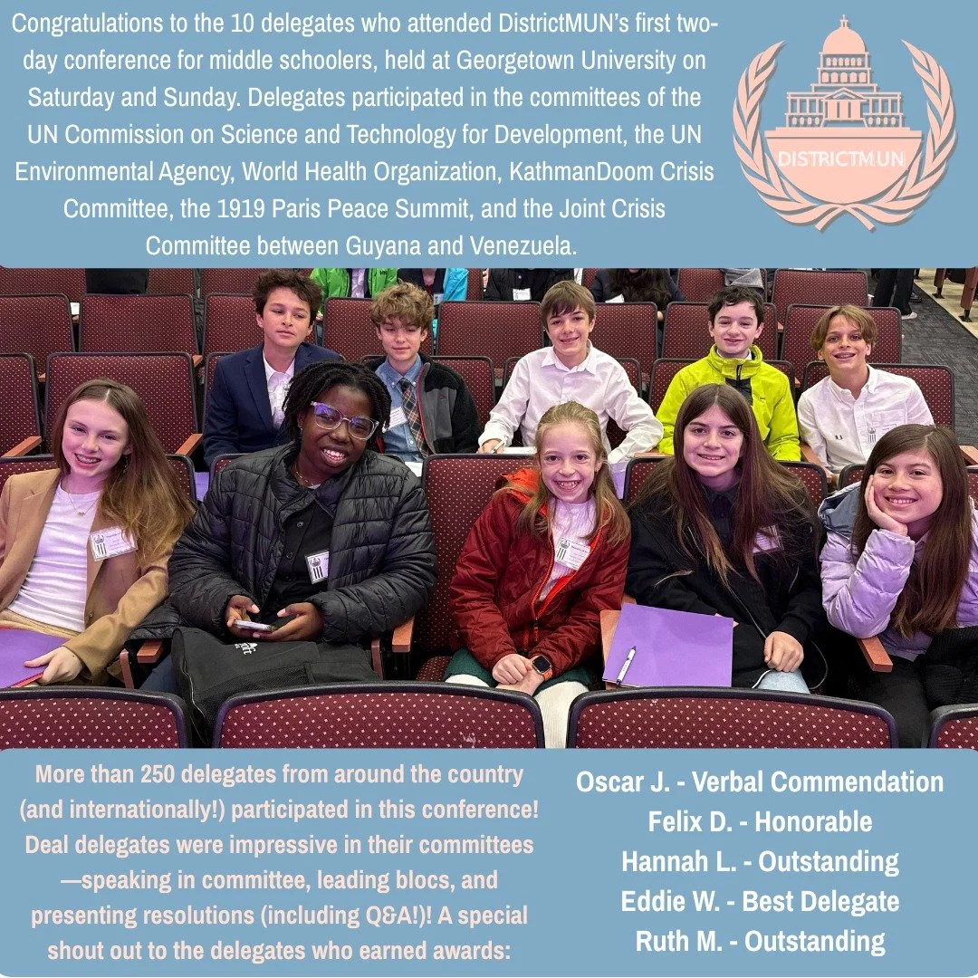 Congratulations to the 10 Deal delegates who attended DistrictMUN&rsquo;s first two-day conference for middle schoolers! We are so proud of you! #admsherewegrow